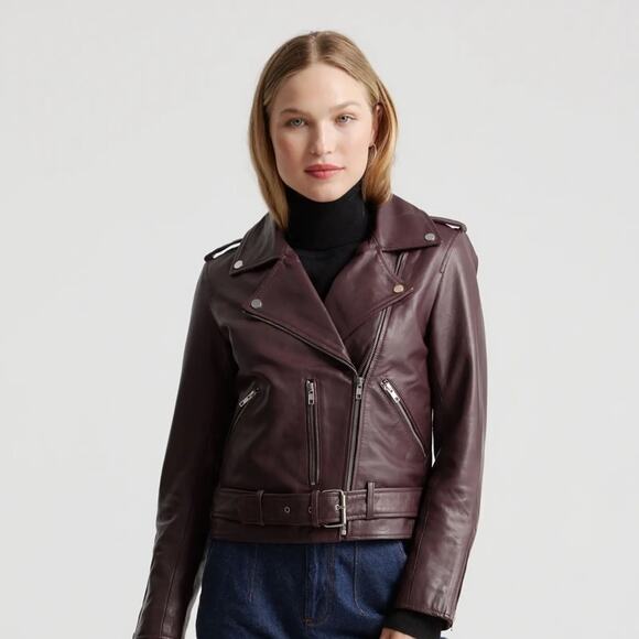 New Rare Quince Women’s Leather Motorcycle Jacket Burgundy Eggplant Large 3555 - Picture 1 of 12